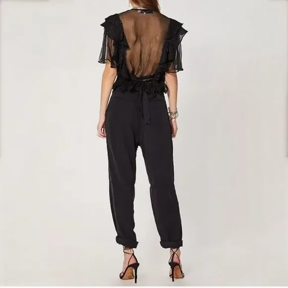 IRO Paris Lonila Ruffled Glitter-Embellished Georgette Blouse Medium Sz 36 Black